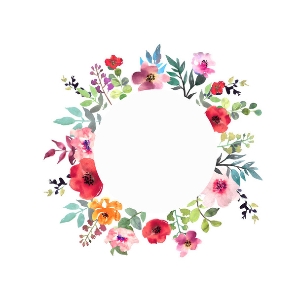 Hand drawn watercolor bouquet with place for your text. Design for card, invitation. Floral arrangement with circle frame. Wreath with flowers. - 写真・画像