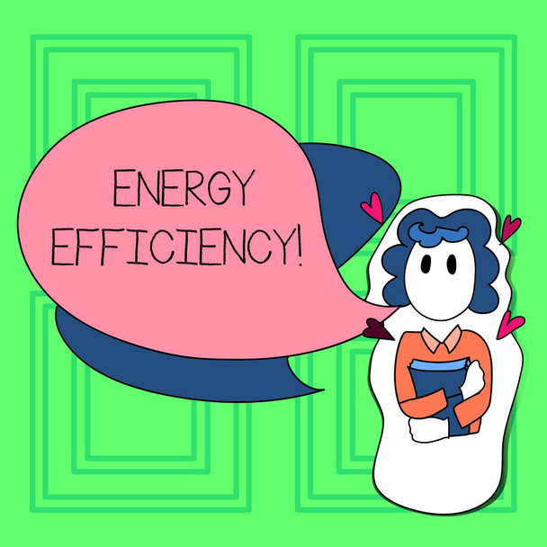 Word writing text Energy Efficiency. Business concept for means using less energy to provide same services Girl Holding Book with Small Hearts Around her and Two Color Speech Bubble. - Photo, Image