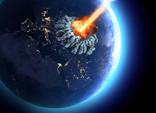 Meteoritos que atingiram a Terra. Explosão, cataclismo, fim do mundo. Extinção global. Bomba nuclear. Renderização 3d. Elementos desta imagem são fornecidos pela NASA
 - Foto, Imagem