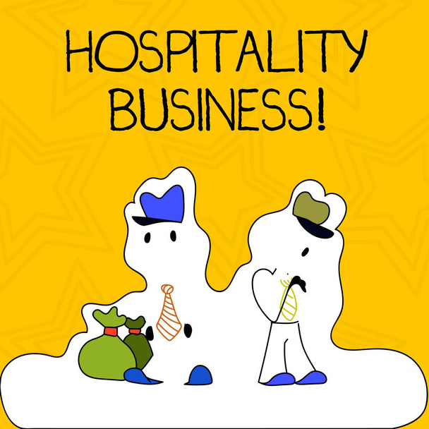 Word writing text Hospitality Business. Business concept for broad category of fields within service industry Figure of Two Men Standing with Pouch Bag on White Sticker Style Snow Effect. - Photo, Image