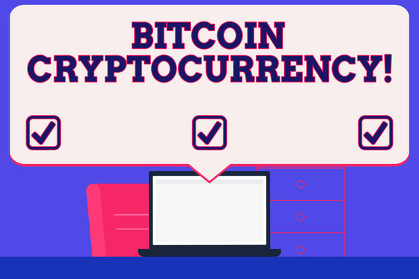 Text sign showing Bitcoin Cryptocurrency. Conceptual photo digital payment currency utilizes cryptocurrencies Blank Huge Speech Bubble Pointing to White Laptop Screen in Workspace Idea. - Photo, Image