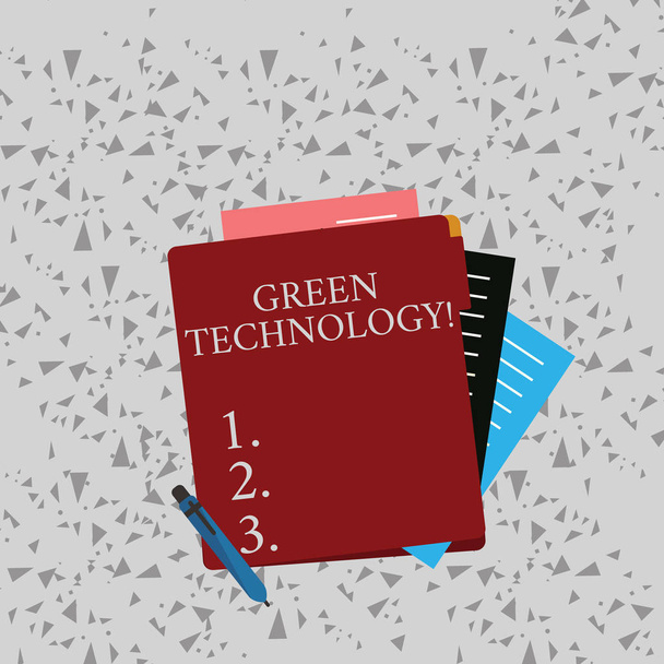 Szó szöveg írása zöld technológia. Üzleti koncepció huanalysis tevékenység a környezetvédelem színes bélelt papír írószer részben pasztell üres dosszié kilátás fordított hatásainak enyhítésére. - Fotó, kép
