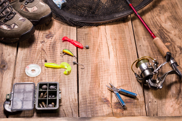 Fishermans set. Necessary things for fishing. Collecting things for fishing. - Photo, Image