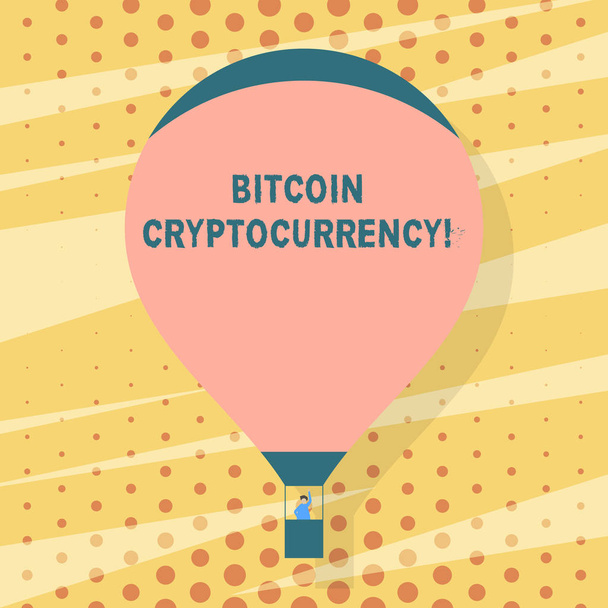 Handschrift Text schreiben Bitcoin Kryptowährung. Konzept: Digitale Zahlungswährung nutzt Kryptowährungen - rosa Heißluftballon schwebt, ein Passagier winkt aus Gondel. - Foto, Bild