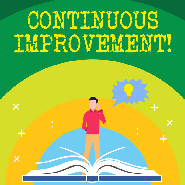 Handwriting text writing Continuous Improvement. Concept meaning involves small consistent improvements over time Man Standing Behind Open Book, Hand on Head, Jagged Speech Bubble with Bulb. - Photo, Image