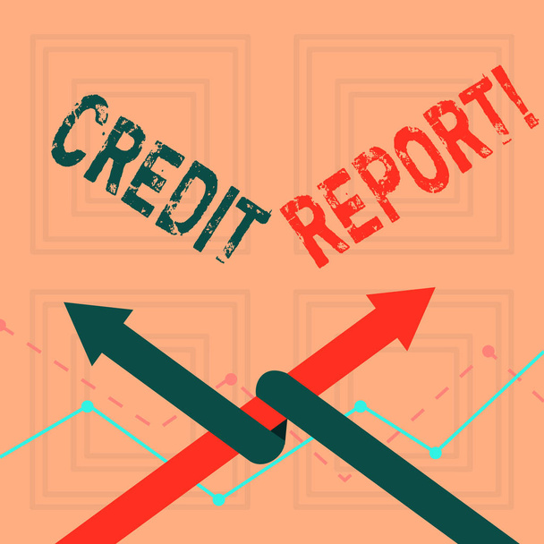 Writing note showing Credit Report. Business photo showcasing detailed report individuals history prepared by credit bureau Two Arrows One Intertwined to Other Team Up or Competition. - Photo, Image