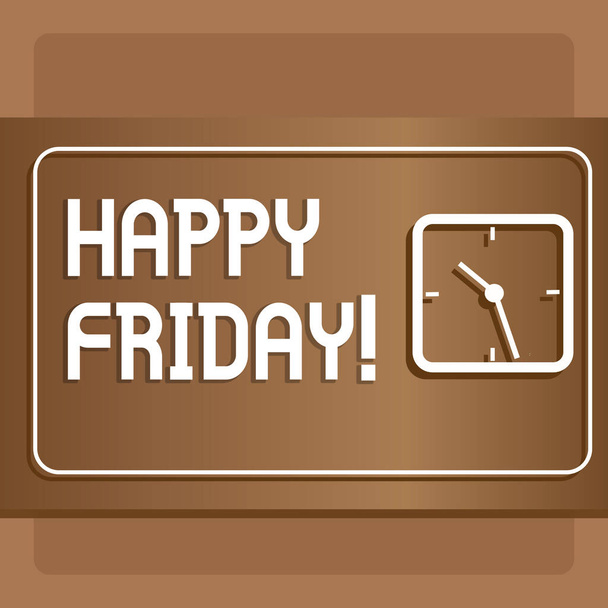 Text sign showing Happy Friday. Conceptual photo starting fresh week after weekend welcoming it with smile Modern Design of Transparent Square Analog Clock on Two Tone Pastel Backdrop. - Photo, Image