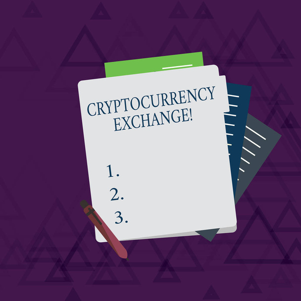 Writing note showing Cryptocurrency Exchange. Business photo showcasing business allows customers to trade cryptocurrencies Lined Paper Stationery Partly into View from Pastel Folder. - Photo, Image