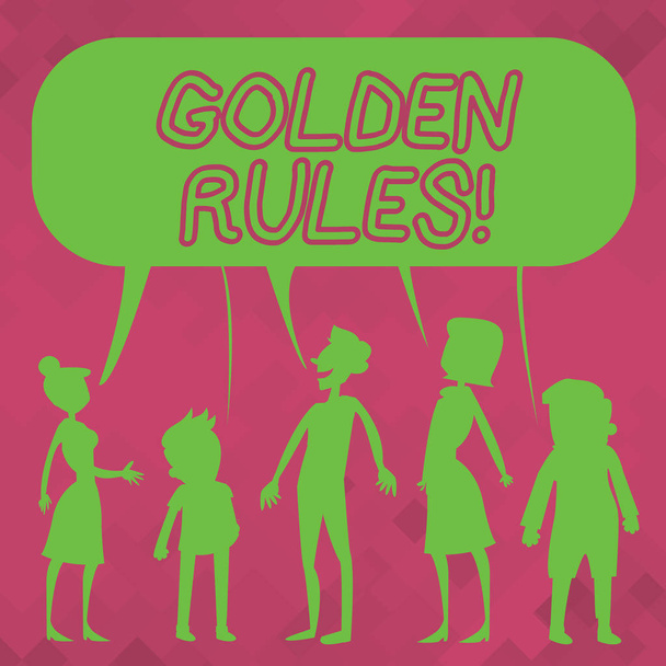 Word writing text Golden Rules. Business concept for principle should followed to ensure success in general activity Silhouette Figure of People Talking and Sharing One Colorful Speech Bubble. - Photo, Image