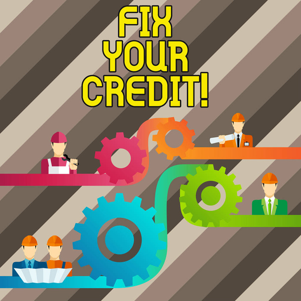 Conceptual hand writing showing Fix Your Credit. Business photo text fixing poor credit standing deteriorated different reasons Cog Gear Setting Icon Connect Men from Different Character. - Photo, Image