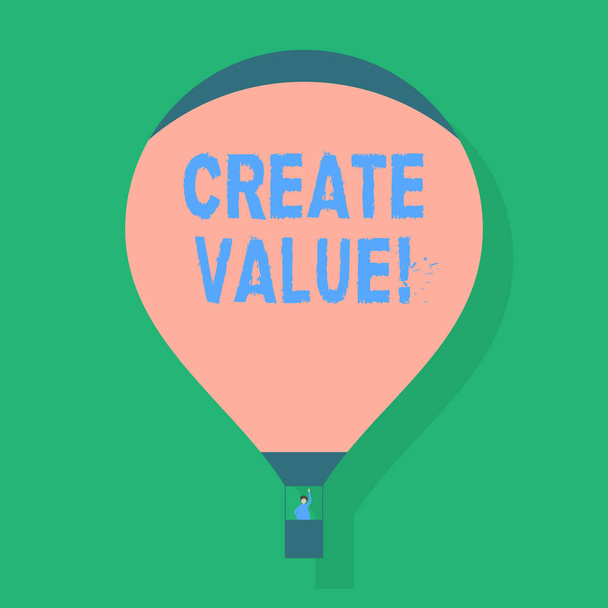 Γράφοντας κείμενο λέξη δημιουργία αξίας. Επιχειρηματική ιδέα για να βεβαιωθείτε ότι συναφώς ότι κάτι κριθεί ότι του αξίζουν κενό ροζ ζεστό αέρα μπαλόνι επιπλέουν με έναν επιβάτη κουνώντας από γόνδολα. - Φωτογραφία, εικόνα