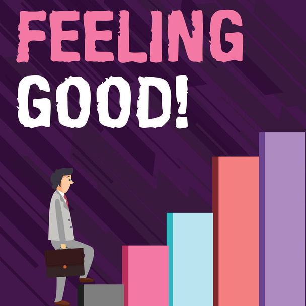 Megjegyzés: a bemutató Feeling Good írás. Bemutatják az életről a boldog pozitív érzéseket okozva üzleti fénykép van elégedettség ember hordozó táskát töprengő kifejezés hegymászó fel. - Fotó, kép