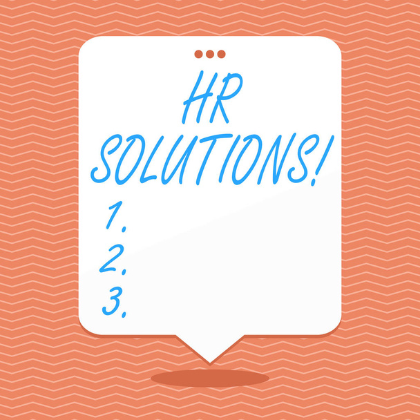 Conceptual hand writing showing Hr Solutions. Business photo showcasing payroll benefits hiring firing and keeping with state laws White Speech Balloon Floating with Three Punched Hole on Top. - Photo, Image