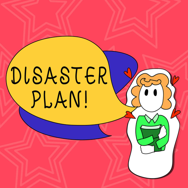 Conceptual hand writing showing Disaster Plan. Business photo text process or set of procedures to execute organizations recovery Girl Holding Book with Hearts Around her and Speech Bubble. - Photo, Image