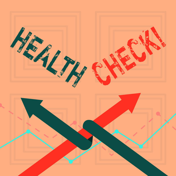 Writing note showing Health Check. Business photo showcasing examination to determine whether demonstrating suffering from illness Two Arrows One Intertwined to Other Team Up or Competition. - Photo, Image
