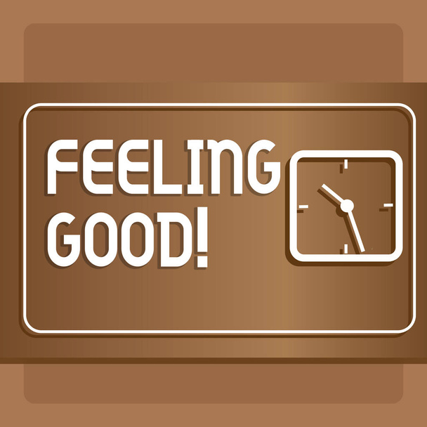 Tekst teken weergegeven: Feeling Good. Conceptuele foto veroorzaakt blij positieve gevoelens over leven tevredenheid moderne ontwerp van transparant Square analoge klok op twee Toon Pastel achtergrond. - Foto, afbeelding