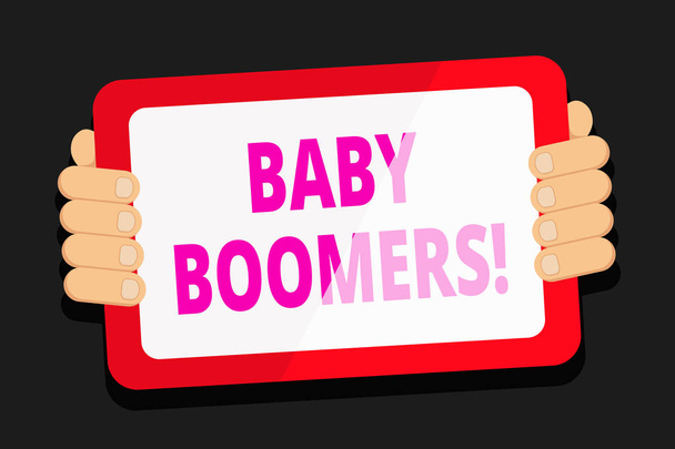 Γράφοντας κείμενο λέξη Baby Boomers. Επιχειρηματική ιδέα για την επίδειξη που γεννιέται στα χρόνια μετά το δεύτερο παγκόσμιο πόλεμο χρώμα Tablet Smartphone με κενή οθόνη χειρός από το πίσω μέρος του Gadget. - Φωτογραφία, εικόνα
