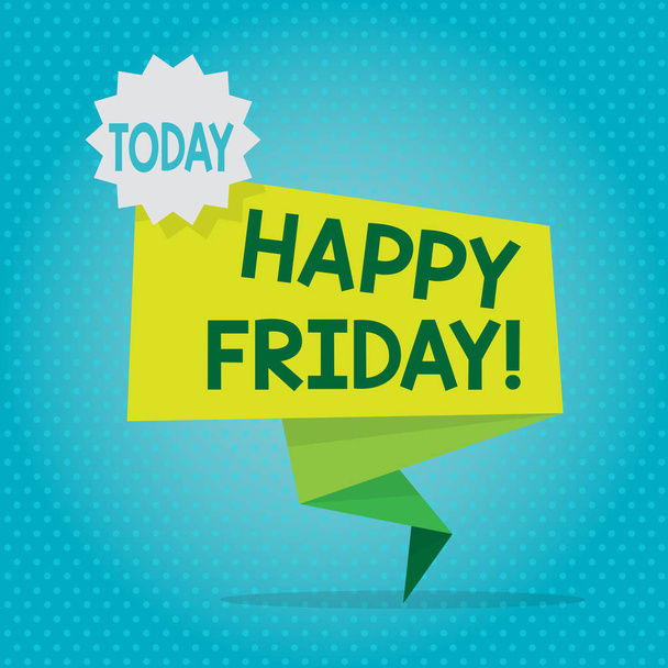 Text sign showing Happy Friday. Conceptual photo starting fresh week after weekend welcoming it with smile Blank Space Green Two Tone Folded Back Banner Strip with Seal Stamp Sticker. - Photo, Image