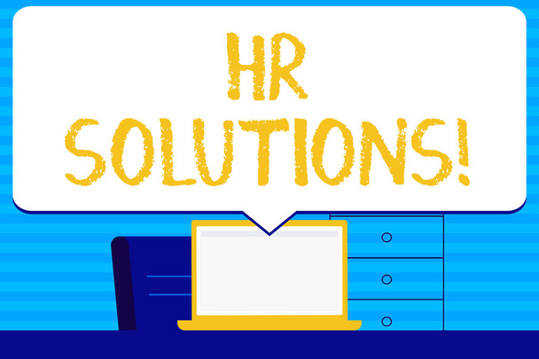 Conceptual hand writing showing Hr Solutions. Business photo text payroll benefits hiring firing and keeping with state laws Blank Huge Speech Bubble Pointing to the White Laptop Screen. - Photo, Image