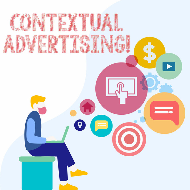 Handwriting text Contextual Advertising. Concept meaning method for targeting ads appearing on websites Man Sitting Down with Laptop on his Lap and SEO Driver Icons on Blank Space. - Photo, Image