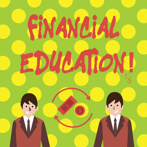 Conceptual hand writing showing Financial Education. Business photo text allows individual make decisions with fnancial resources Money in Dollar Sign in Rotating Arrows Between Businessmen. - Photo, Image