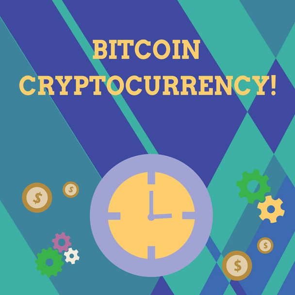 Kézírás szöveg írás Bitcoin Cryptocurrency. Fogalom jelentése digitális fizetési pénznem használ cryptovaluták időgazdálkodás ikonok az óra, fogaskerék fogaskerekek és dollár valuta jel. - Fotó, kép