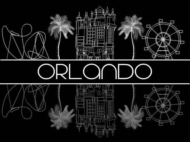 Orlando, Florida; 03 de agosto de 2018. Atrações Ícones linha branca no fundo preto
. - Vetor, Imagem