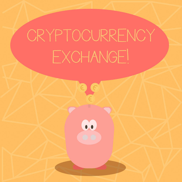Conceptual hand writing showing Cryptocurrency Exchange. Business photo showcasing business allows customers to trade cryptocurrencies Speech Bubble with Coins on its Tail Pointing to Piggy Bank. - Photo, Image
