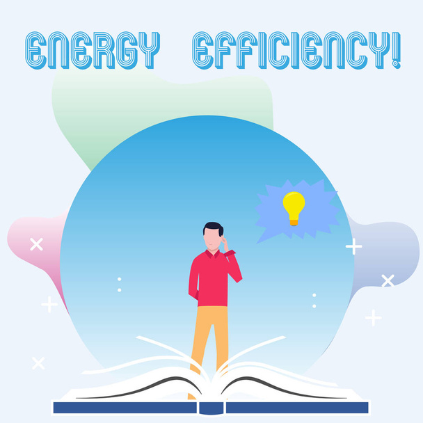 エネルギー効率を示すテキスト記号です。概念的な写真は、同じサービスを提供するために、より少ないエネルギーを使用することを意味します開いた本の後ろに立って、頭を手に、電球とギザギザのスピーチバブル. - 写真・画像