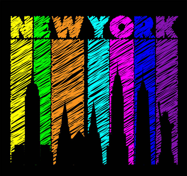  Πολύχρωμα γράμματα της Νέας Υόρκης. Διάνυσμα με ταξιδιωτικά εικονίδια σε πολύχρωμο φόντο. Ταξιδιωτική καρτ ποστάλ.. - Διάνυσμα, εικόνα