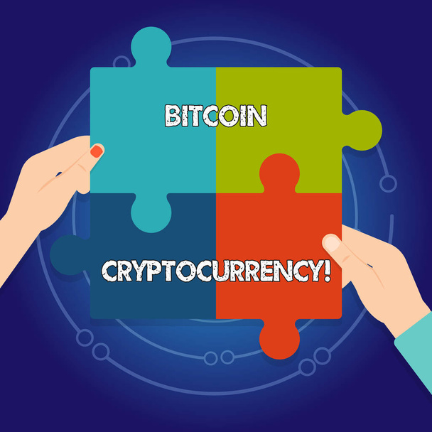 Bitcoin cryptocurrency gösteren metin işareti. Kavramsal fotoğraf dijital ödeme para cryptocurrencies kullanır dört boş çok renkli bilmecenin kiremit parçaları birlikte ınsan elleri koymak. - Fotoğraf, Görsel