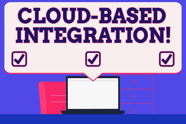 Szöveges jel mutatja Cloud alapú integráció. Fogalmi fénykép szerszámok és technológiai amit összeköt pályázatokat üres hatalmas beszéd buborék mutatva-hoz fehér laptop képernyő-ban Workspace eszme. - Fotó, kép