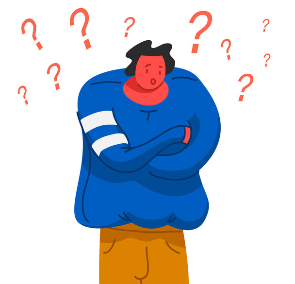 Thinking young man. Thoughtful people understand the problem. Pensive businessman find successful solution. Cute character. Illustration in cartoon style. Smart guy asks a question. - Vector, Image
