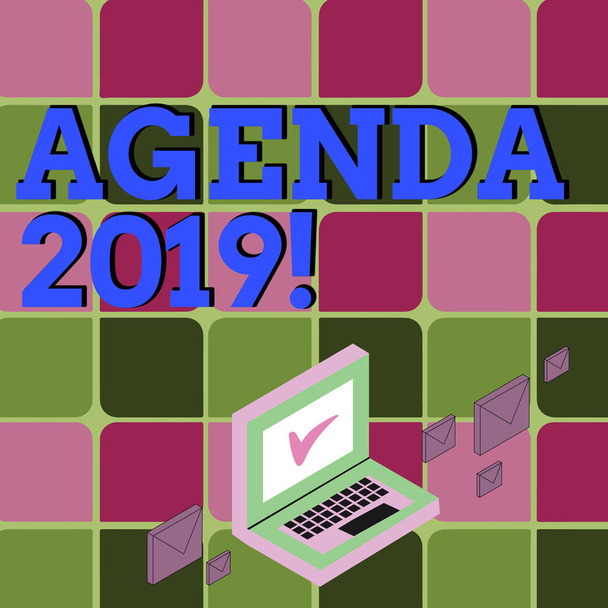 Az Agenda 2019 szövegjele. Fogalmi fénykép oldalra dől-ból cikk-hoz lenni megvitat-on hivatalos találkozó vagy esemény befest felad boríték körül laptop-val ellenőriz megjelöl ikon-ra idegen rádióadást figyel képernyő. - Fotó, kép