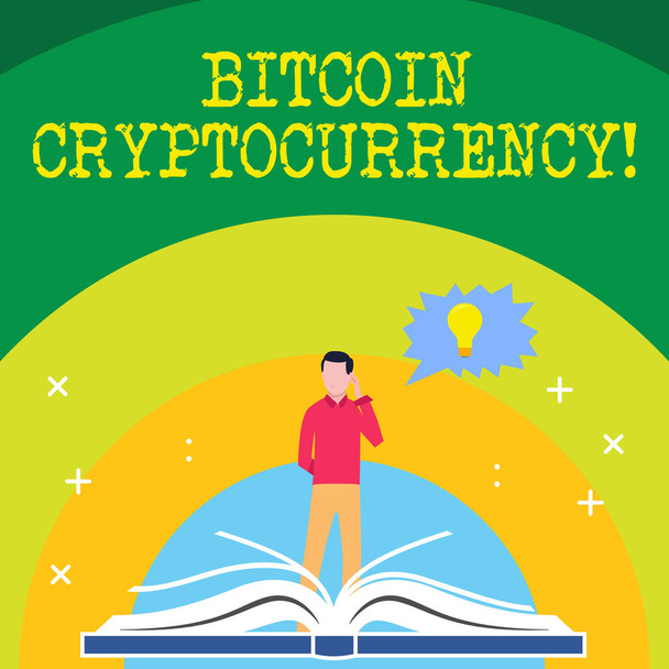 Handwriting text writing Bitcoin Cryptocurrency. Concept meaning digital payment currency utilizes cryptocurrencies Man Standing Behind Open Book, Hand on Head, Jagged Speech Bubble with Bulb. - Photo, Image
