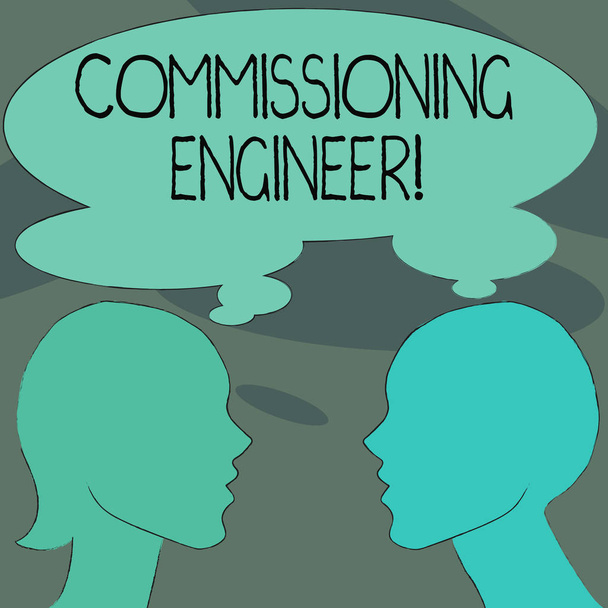 Handwriting text Commissioning Engineer. Concept meaning ensure all aspects of building are properly designed Silhouette Sideview Profile Image of Man and Woman with Shared Thought Bubble. - Photo, Image