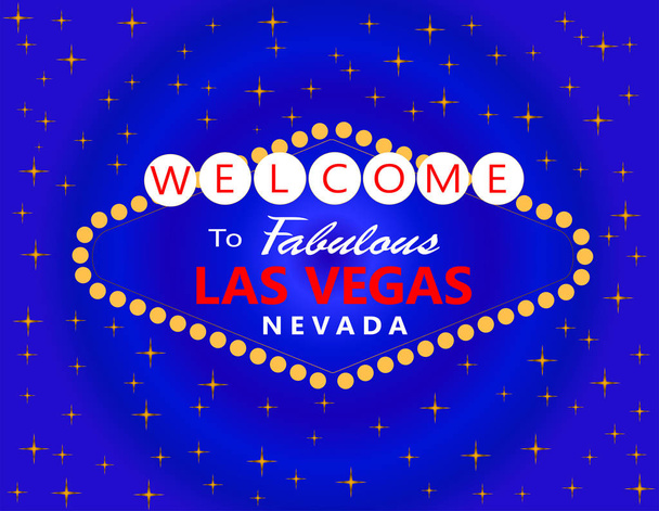 Las Vegas czerwony i biały napis ze złotymi gwiazdami na niebieskim tle. Pocztówka podróżna - Wektor, obraz