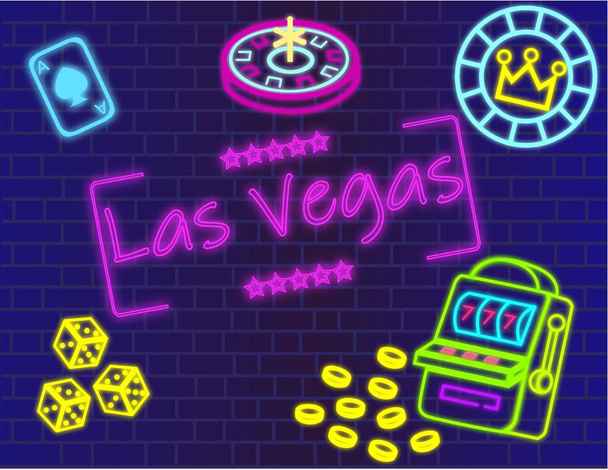 Lettrage magenta Las Vegas. Vecteur avec des icônes de casino sur fond bleu mur
. - Vecteur, image