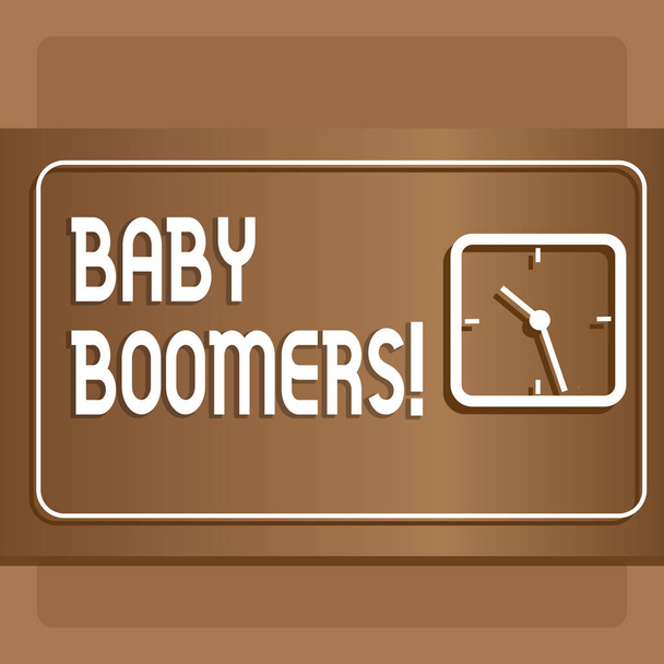 Znak tekstowy przedstawiający Baby Boomers. Koncepcyjne zdjęcie wykazujące, który urodził się w latach po II wojnie światowej nowoczesny design transparent Square Analog Clock on Two Tone pastel tło. - Zdjęcie, obraz
