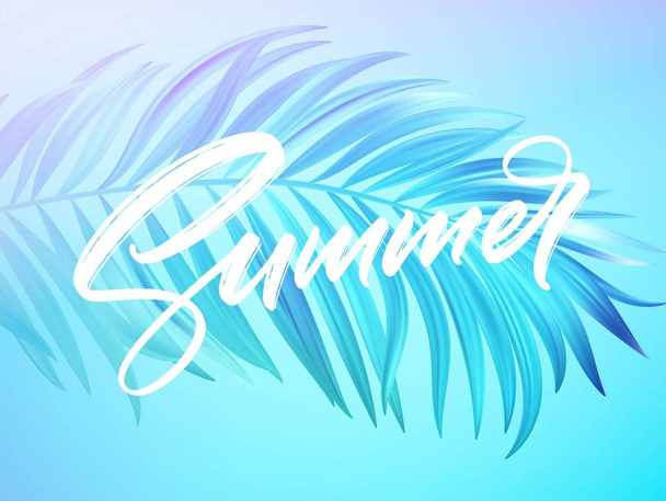 Summer lettering design in a colorful blue and purple palm tree leaves background. Vector illustration - Vektör, Görsel