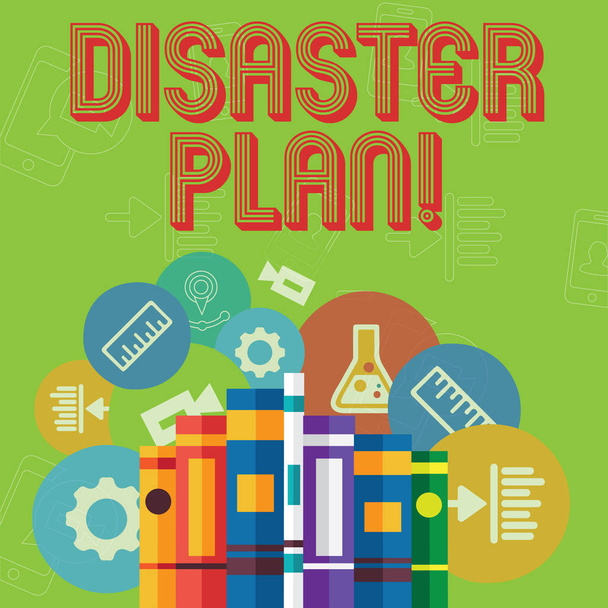 Conceptual hand writing showing Disaster Plan. Business photo text process or set of procedures to execute organizations recovery Books Arranged Standing in Row with Educational Icons Behind. - Photo, Image