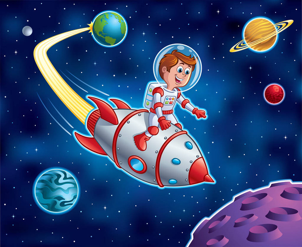 Kid Riding On Rocket Ship In Outer Space - Photo, Image