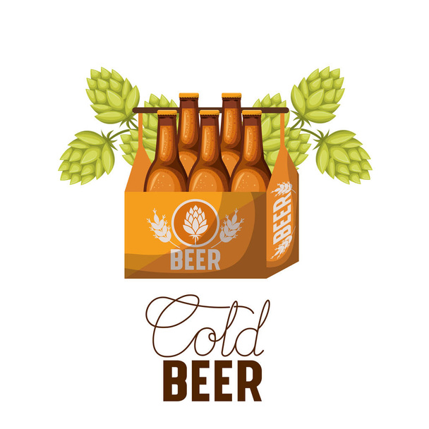 etiqueta de cerveza fría con caja y botellas de cerveza
 - Vector, imagen