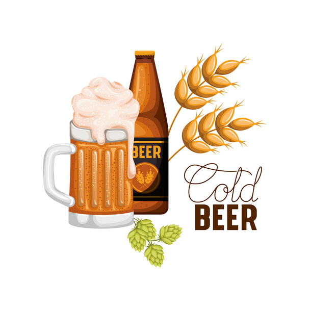 cold beer label with bottle and glass - Vector, Image
