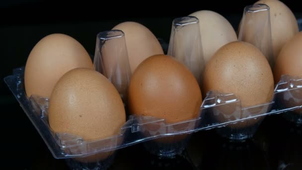 Μεγάλα καστανά αυγά κοτόπουλου σε διαφανές πλαστικό δίσκο σε λευκό φόντο - Πλάνα, βίντεο