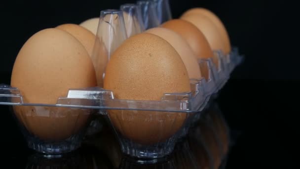 白い背景に透明なプラスチックトレイに大きな茶色の鶏の卵 - 映像、動画