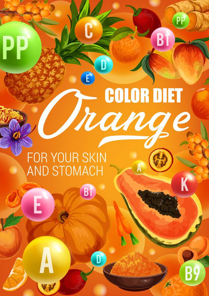 Pomarańczowe owoce i warzywa. Kolor diety żywności - Wektor, obraz