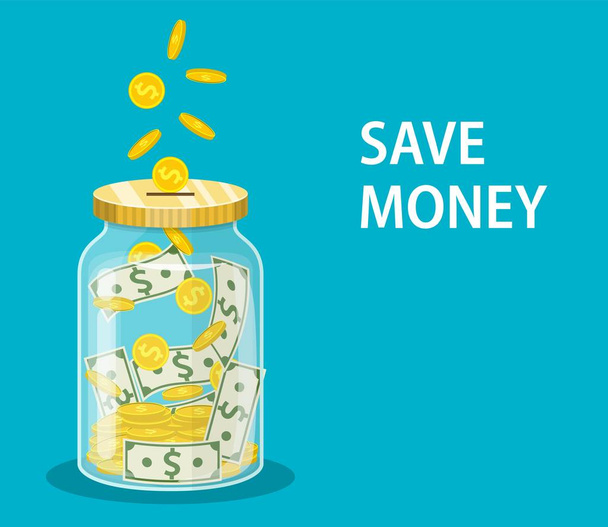 Money Jar. Saving dollar coin in jar. - Vector, Image