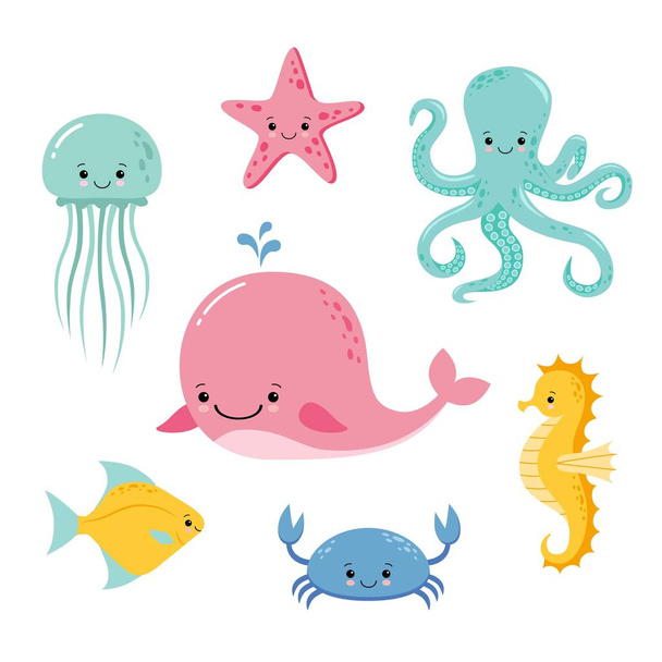 Cute baby sea fishes. Vector cartoon underwater animals collection. Jellyfish and starfish, ocean and sea life illustration - Вектор,изображение