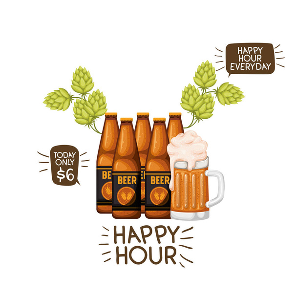 láhev od piva a skleněné izolované ikony - Vektor, obrázek